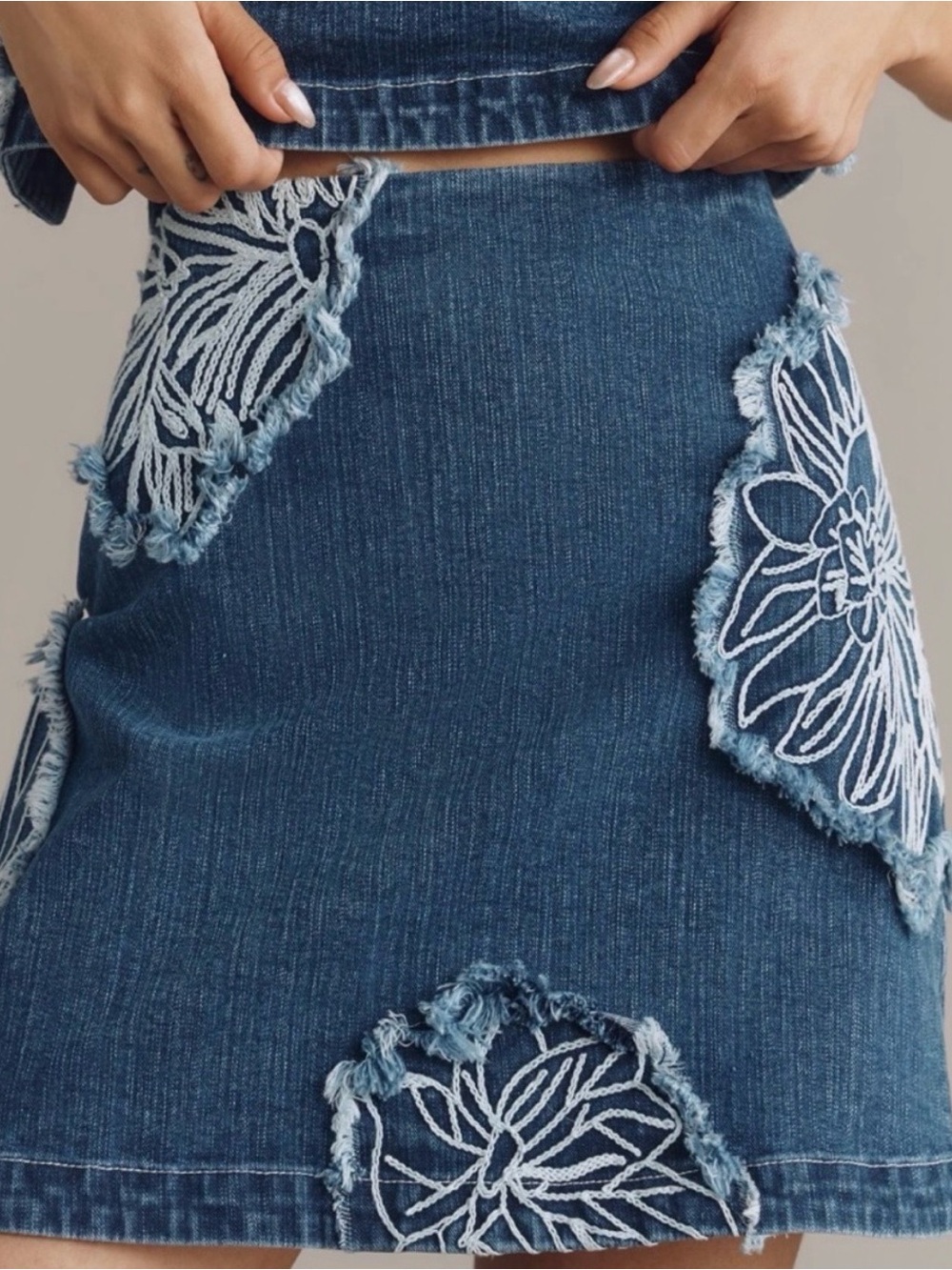 Maeve Anthropologie Blue Denim Floral Patchwork Mini Skirt